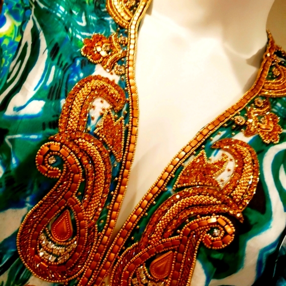 *LAST ONE**MANISH VAID- Silk Turquoise Emb.Pucci Island Prt. Kimono-NWT M - Picture 13 of 15